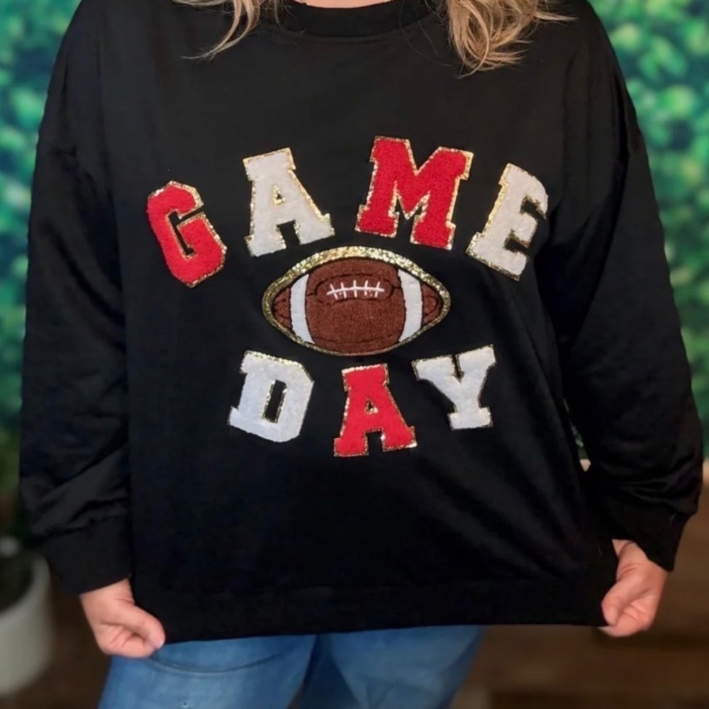 Womens BIBI Game Day Football Chenille Applique Sweatshirt Black Red Size Medium